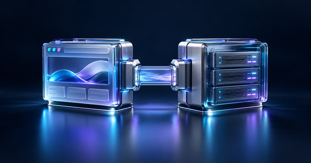 Browser and server modules joined by a matching connector bridge