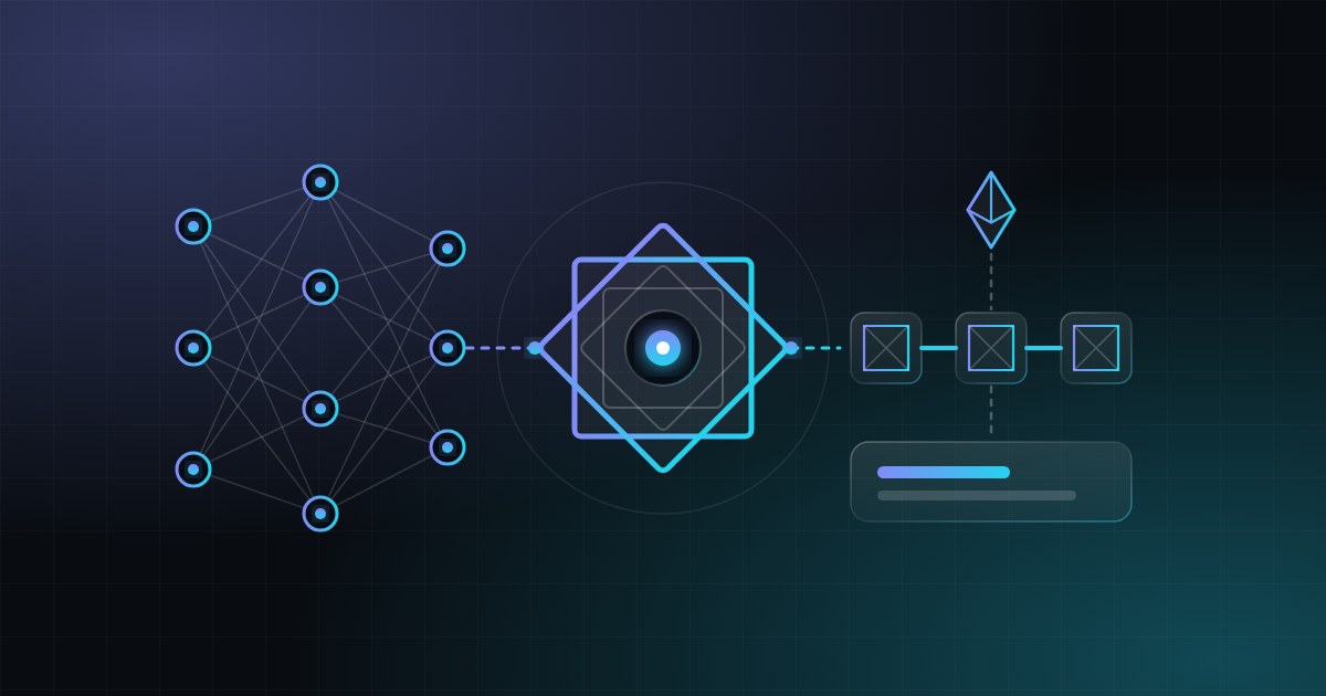 A neural network on the left and a chain of blocks on the right meeting at a Persian eight-pointed star in the center