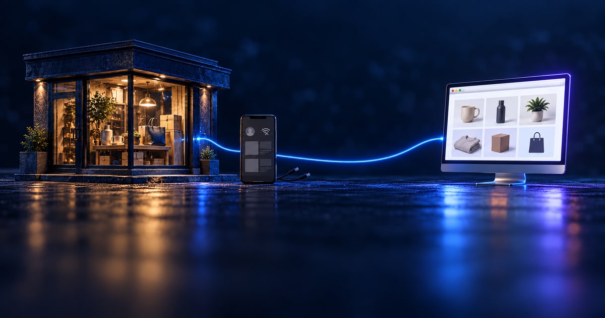 ویترین فروشگاه کوچک با نشان قطع اتصال روی گوشی و یک سایت مستقل روشن کنارش