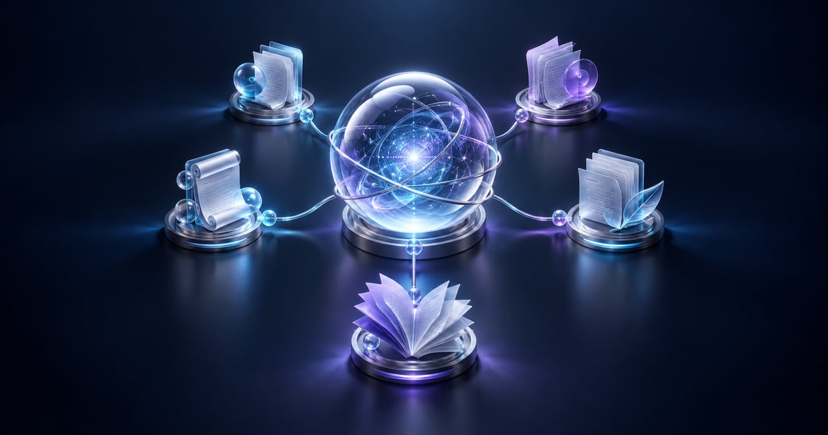 Central knowledge orb linked to five documents in a content cluster