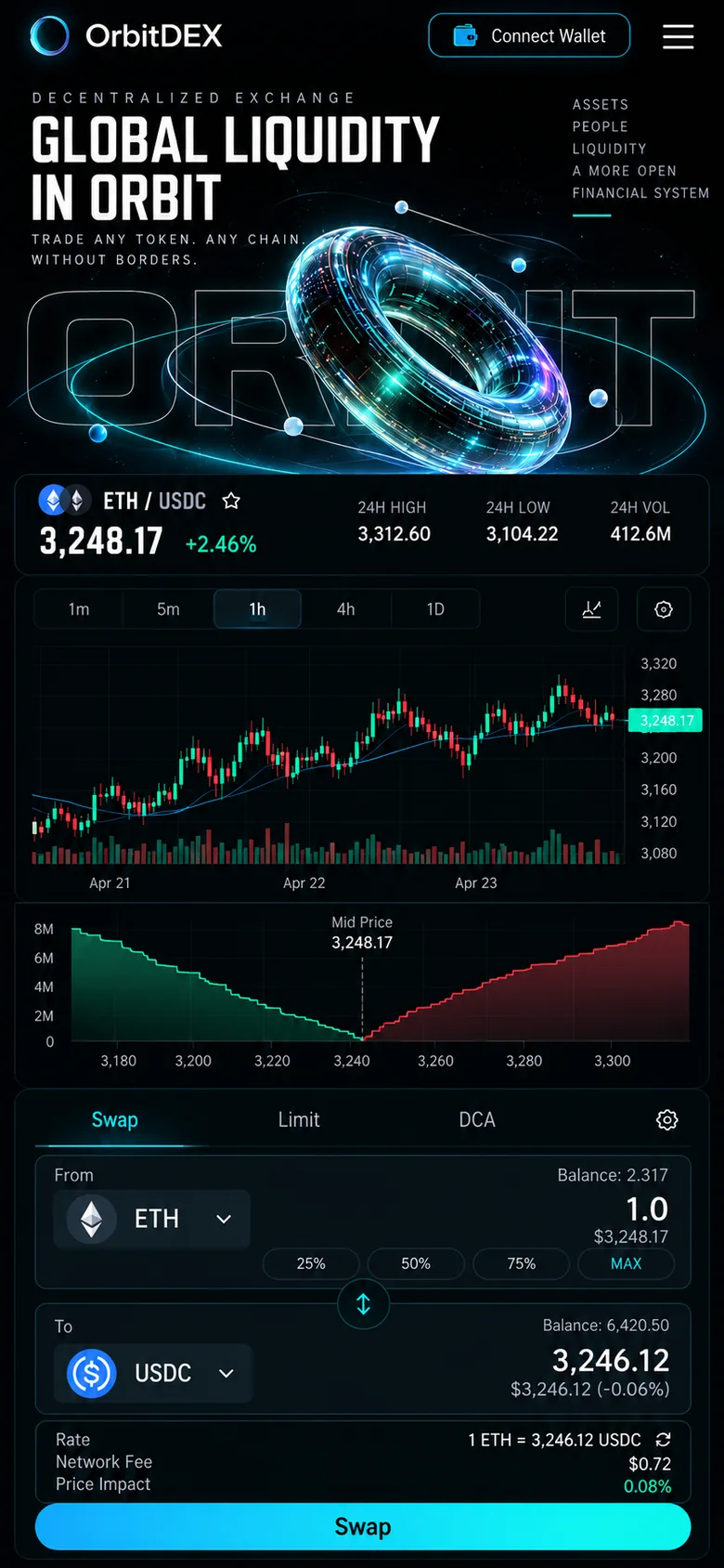 نمای هیروی طرح مفهومی OrbitDEX؛ رابط صرافی غیرمتمرکز در موبایل